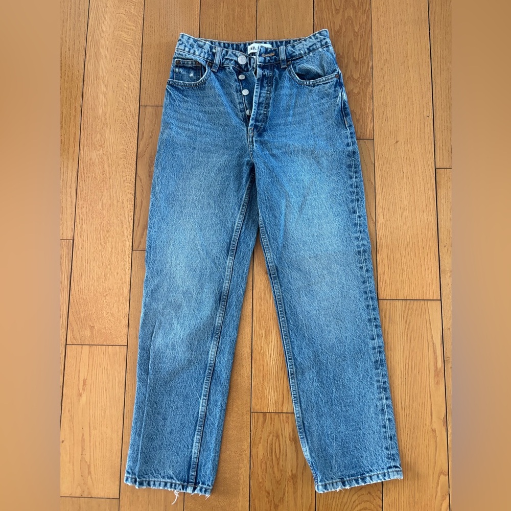 Zara Medium Blue Straight Leg Button-Fly Jeans
